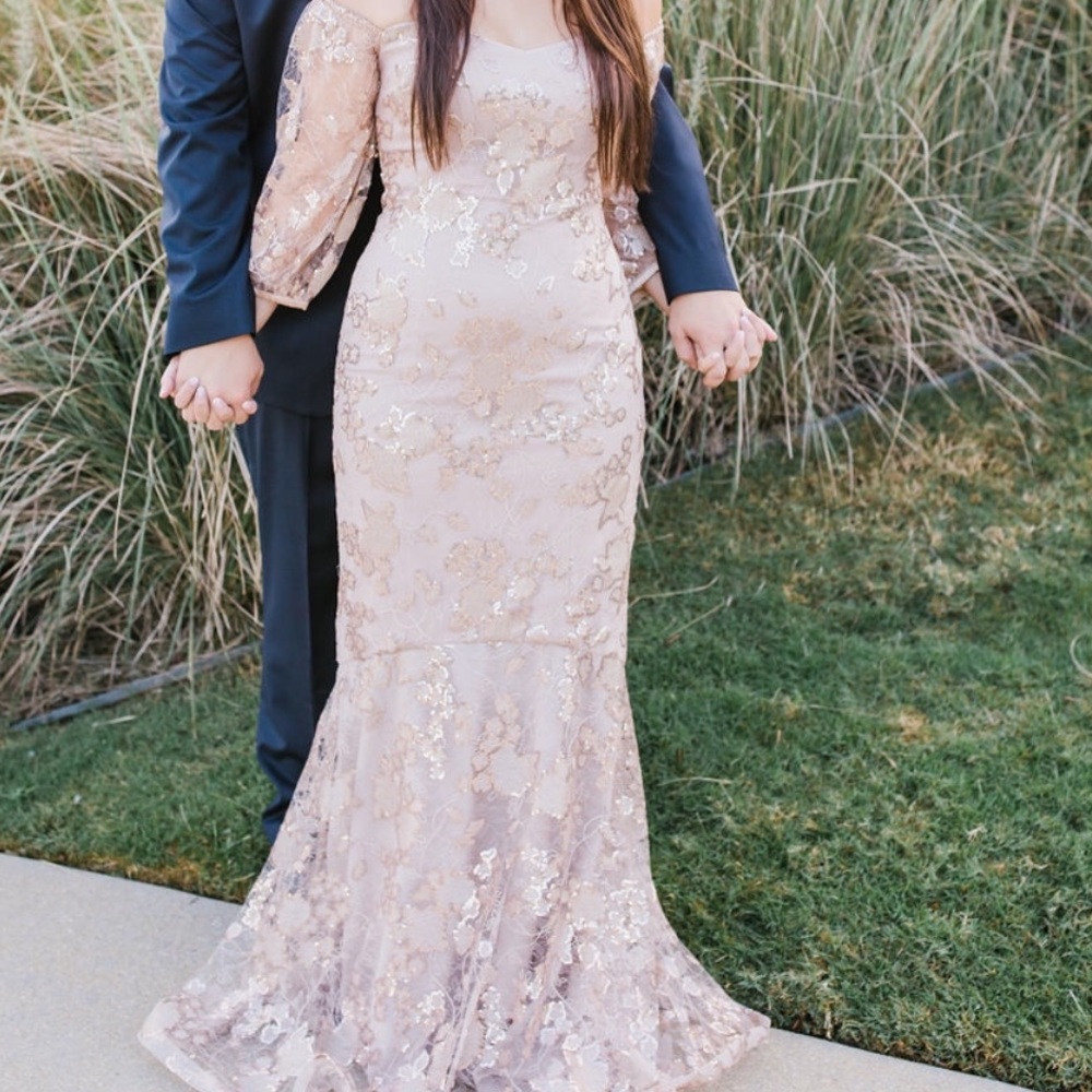 Teri Jon Off the Shoulder Champagne Sequin Dress